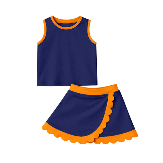 MOQ 30 PCS preorder GSD4017 Navy Orange Wave Ruffle Sleeveless Top with Skirts for Girls Yoga Sets 202603