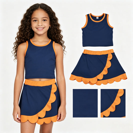 GSD4017 Navy Orange Wave Ruffle Sleeveless Top with Skirts for Girls Yoga Sets 202605 RTS