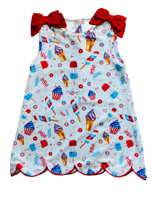 MOQ 30 PCS Preorder GSD4018 4th of July Ice Cream Love Red Bows Wave Ruffle Sleeveless Dresses for Girls 202603