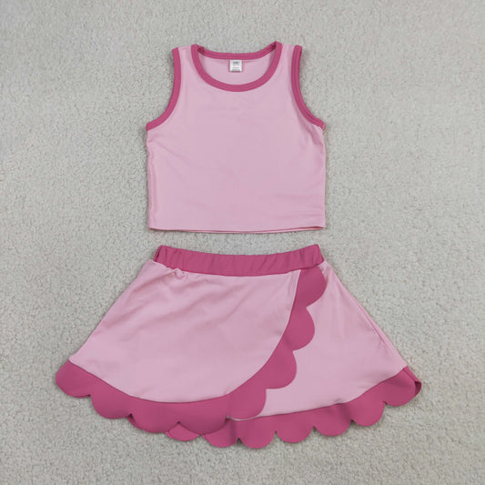 GSD4019 Rose Red Pink Wave Ruffle Sleeveless Top with Skirts for Girls Yoga Sets 202605 RTS