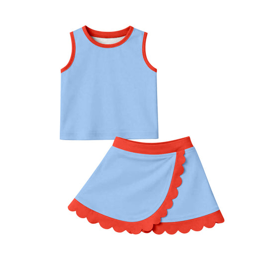 MOQ 30 PCS preorder GSD4020 Blue Red Wave Ruffle Sleeveless Top with Skirts for Girls Yoga Sets 202603
