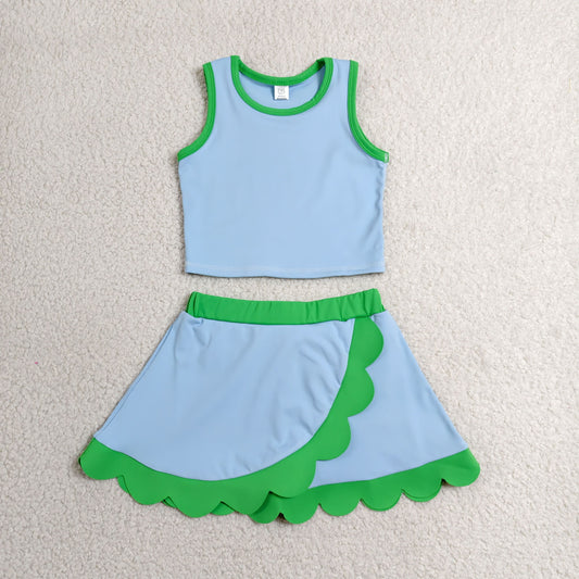 GSD4021 Blue Green Wave Ruffle Sleeveless Top with Skirts for Girls Yoga Sets 202606 RTS