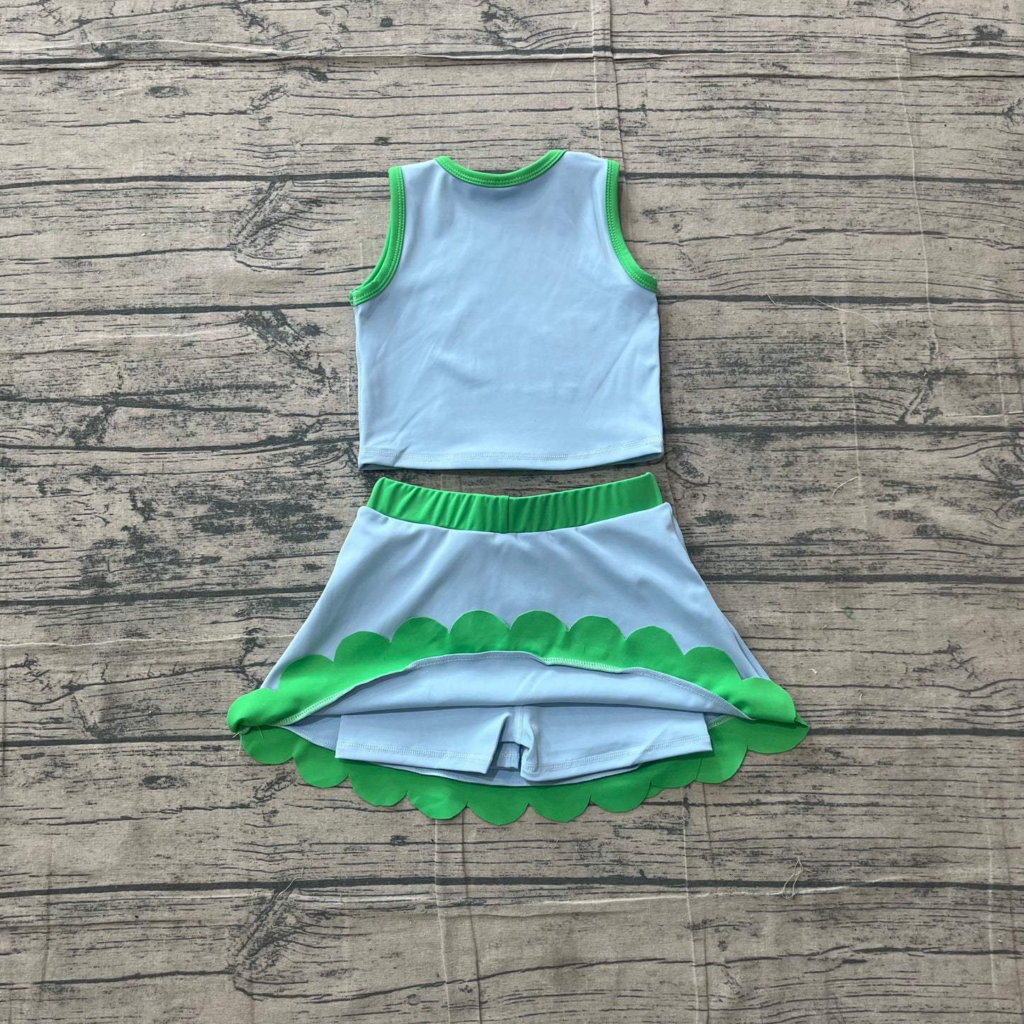 NO MOQ preorder GSD4021 Blue Green Wave Ruffle Sleeveless Top with Skirts for Girls Yoga Sets 202605