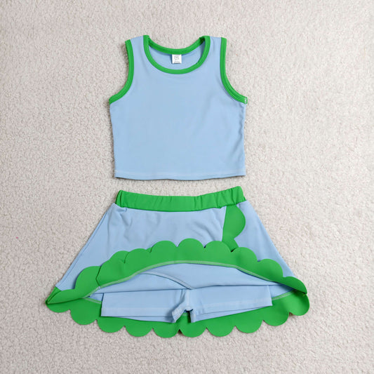 GSD4021 Blue Green Wave Ruffle Sleeveless Top with Skirts for Girls Yoga Sets 202606 RTS