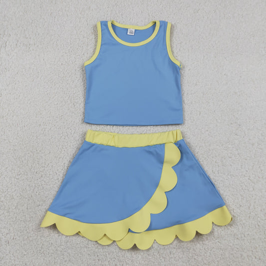 NO MOQ preorder GSD4022 Blue Purple Yellow Wave Ruffle Sleeveless Top with Skirts for Girls Yoga Sets 202605