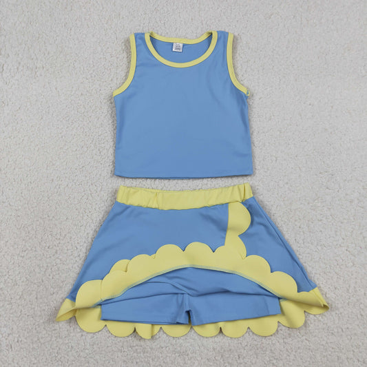 NO MOQ preorder GSD4022 Blue Purple Yellow Wave Ruffle Sleeveless Top with Skirts for Girls Yoga Sets 202605