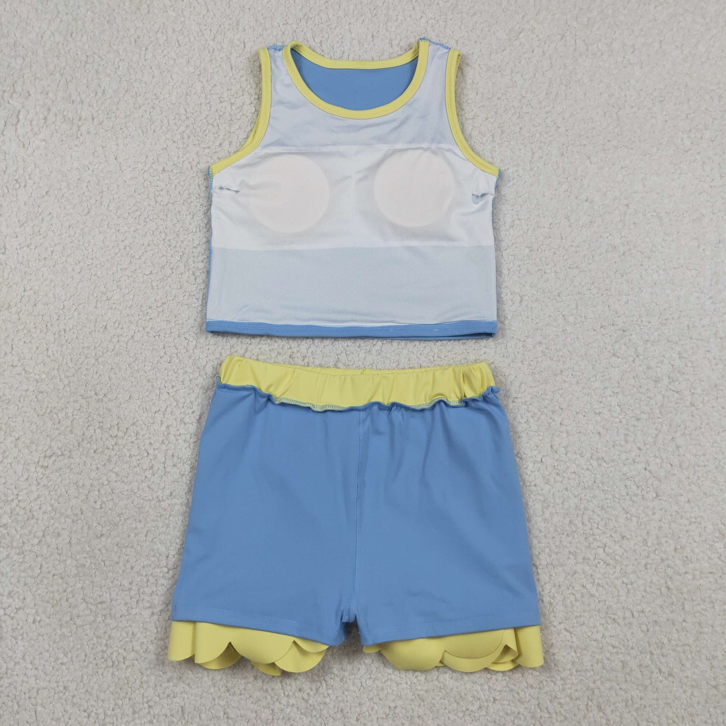 NO MOQ preorder GSD4022 Blue Purple Yellow Wave Ruffle Sleeveless Top with Skirts for Girls Yoga Sets 202605
