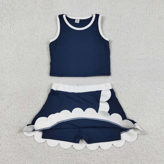 GSD4024 Navy White Wave Ruffle Sleeveless Top with Skirts for Girls Yoga Sets 202605 RTS