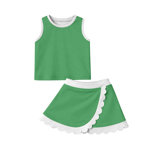 MOQ 30 PCS preorder GSD4025 Green White Yellow Wave Ruffle Sleeveless Top with Skirts for Girls Yoga Sets 202603
