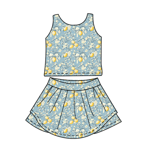 MOQ 5 PCS preorder GSD4030 Lemon Bows Flower Gray Blue Sleeveless Top with Skirts for Girls Yoga Sets 202603
