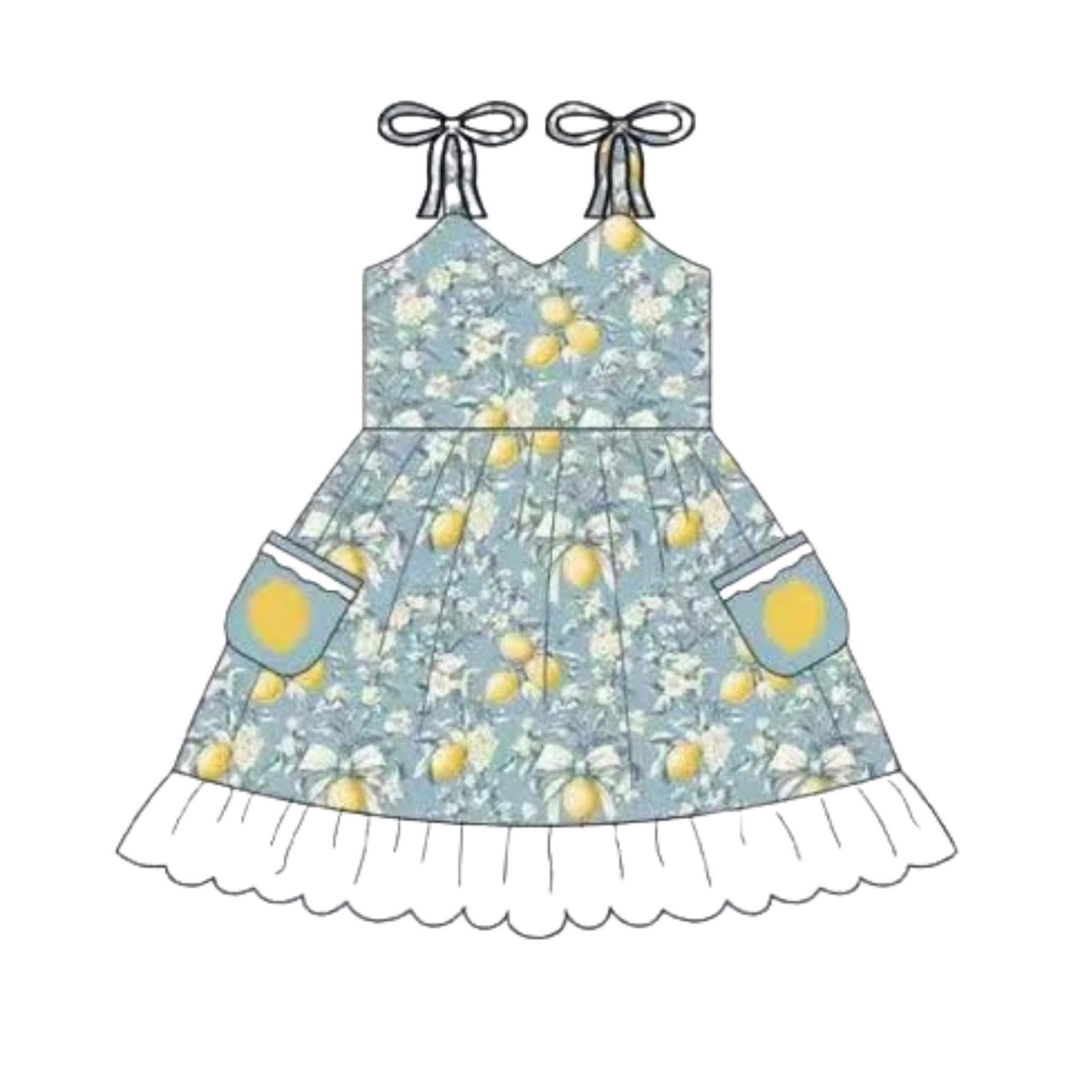 MOQ 5 PCS Preorder GSD4031 Lemon Bows Flower White Ruffle Gray Blue Short Sleeve Dresses for Girls 202603