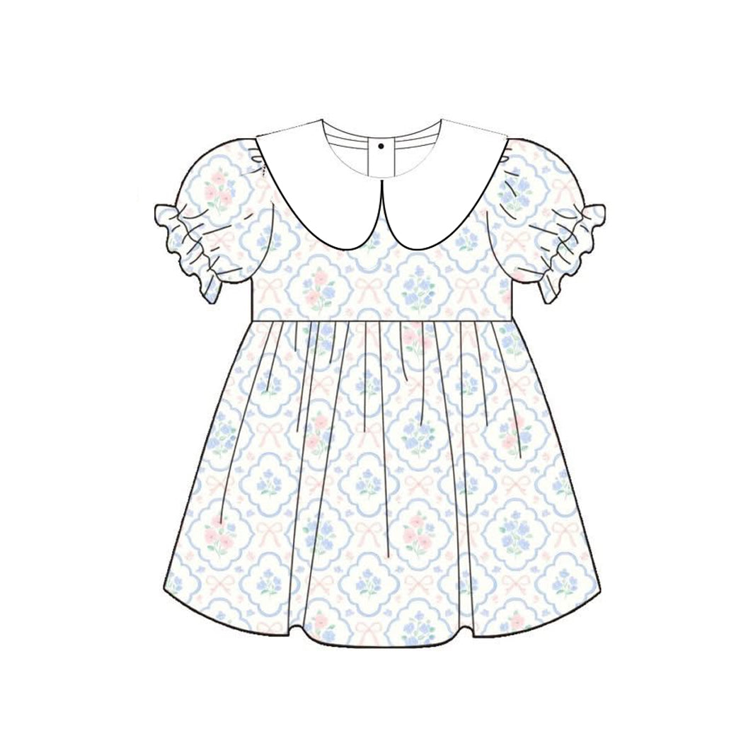 MOQ 5 PCS Preorder GSD4032 Flower Bows White Doll Collar Short Sleeve Dresses for Girls 202603