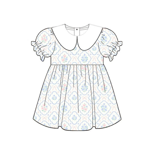 MOQ 5 PCS Preorder GSD4032 Flower Bows White Doll Collar Short Sleeve Dresses for Girls 202603