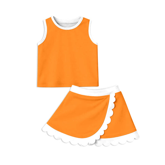 MOQ 30 PCS preorder GSD4033 Orange White Patchwork Wave Ruffle Sleeveless Top with Skirts for Girls Yoga Sets 202604