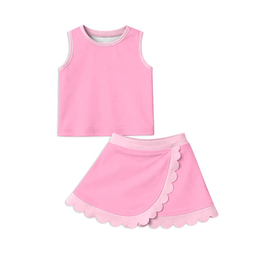 MOQ 30 PCS preorder GSD4063 Dark Light Pink Wave Ruffle Sleeveless Top with Skirts for Girls Yoga Sets 202604