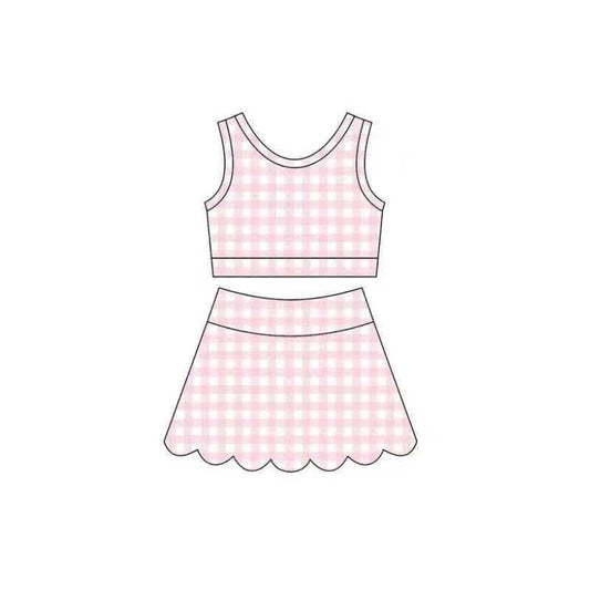 MOQ 30 PCS preorder GSD4070 Pink Plaid Wave Ruffle Sleeveless Top with Skirts for Girls Yoga Sets 202604