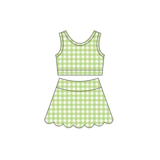 MOQ 30 PCS preorder GSD4071 Green Plaid Wave Ruffle Sleeveless Top with Skirts for Girls Yoga Sets 202604