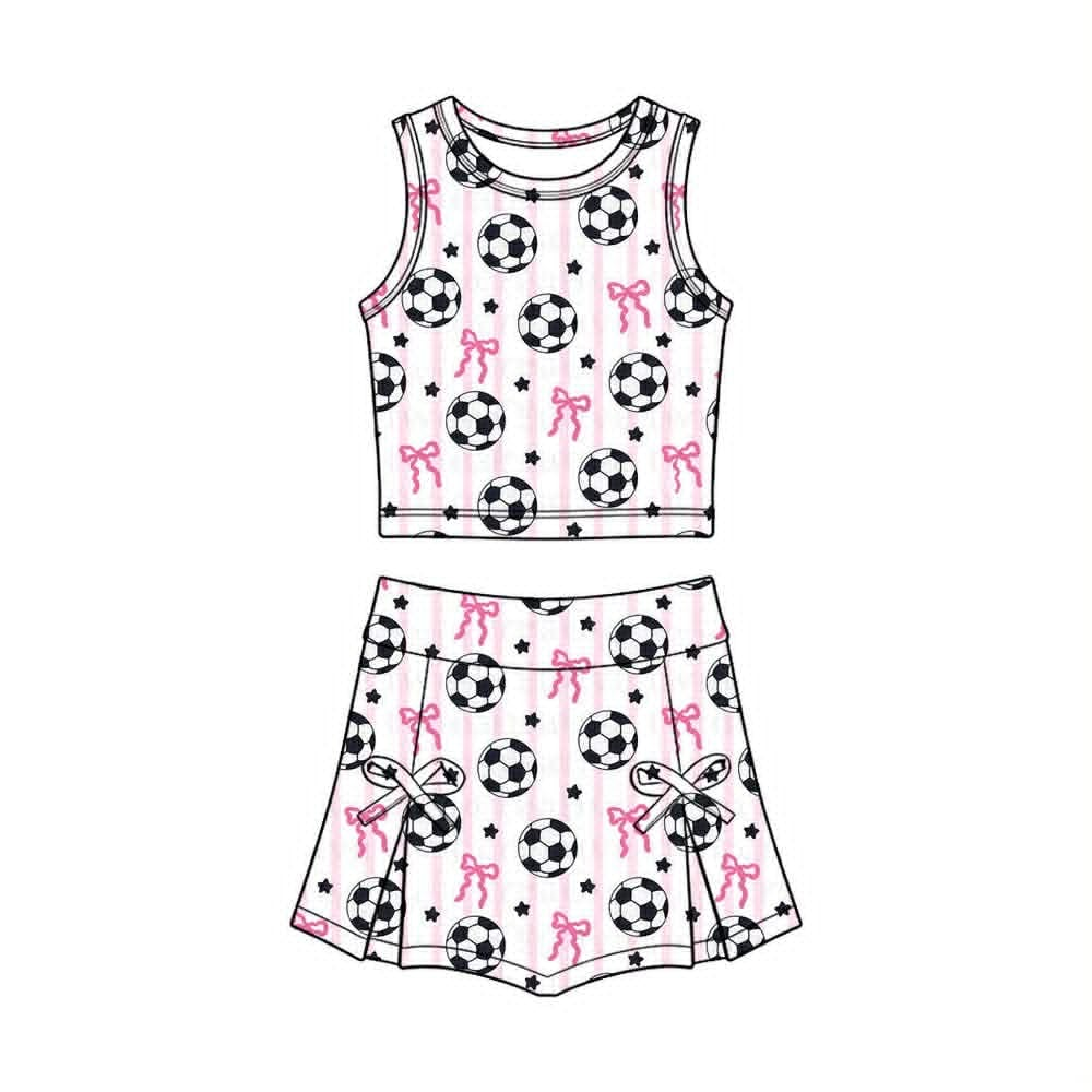 MOQ 5 PCS preorder GSD4078 GO TEAM Football Bows Pink Stripe Sleeveless Top with Skirts for Girls Yoga Sets 202604