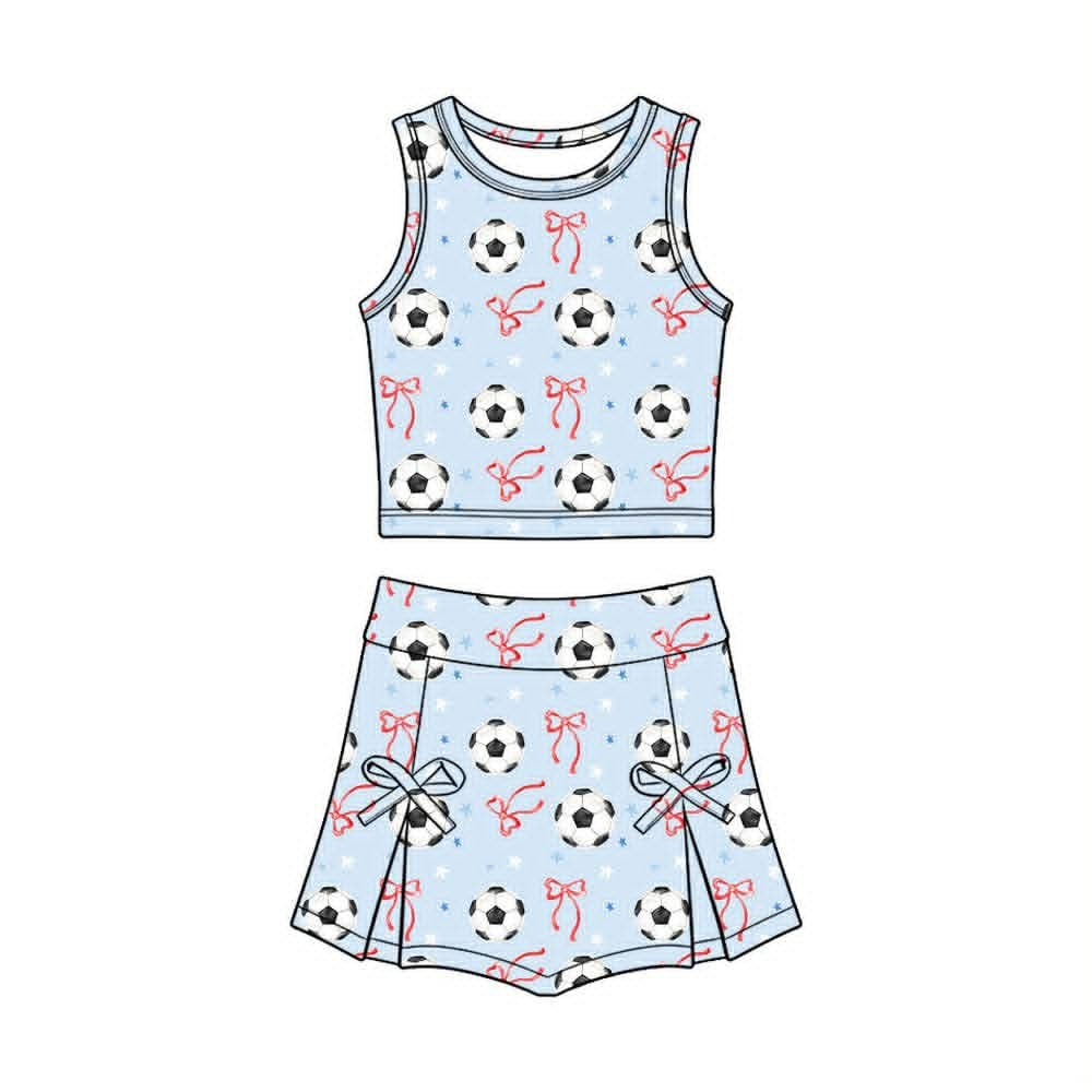 MOQ 5 PCS preorder GSD4079 GO TEAM Football Bows Star Light Blue Sleeveless Top with Skirts for Girls Yoga Sets 202604