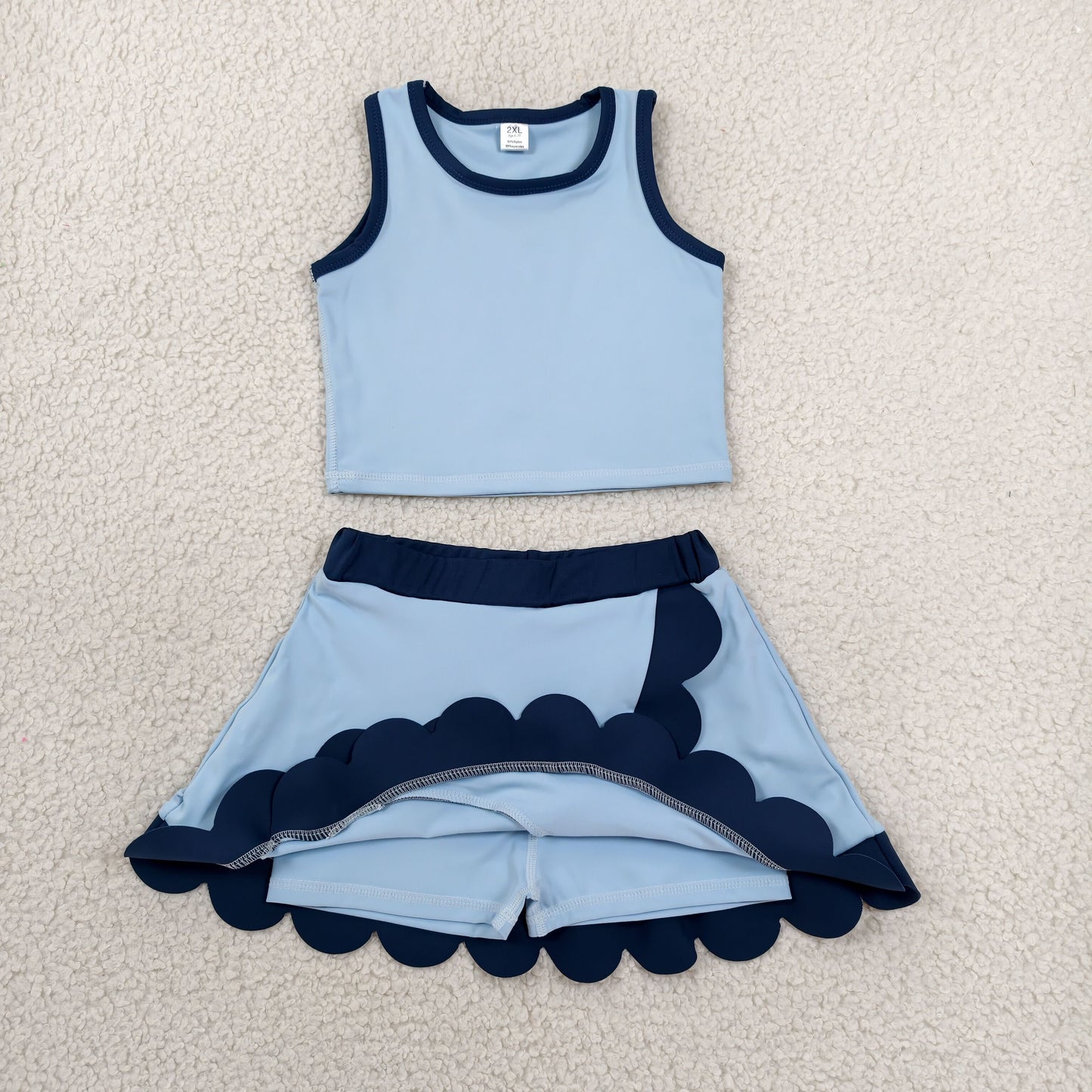 GSD4082 Solid Dark Light Blue Wave Ruffle Sleeveless Top with Skirts for Girls Yoga Sets 202606 RTS
