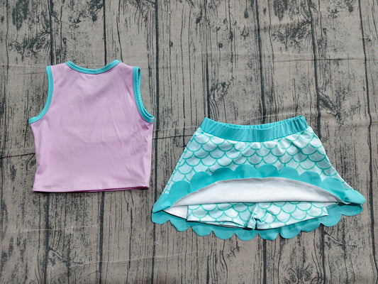 NO MOQ preorder GSD4083 Cartoon Pink Purple Wave Ruffle Sleeveless Top with Fish Scale Pattern Skirts for Girls Yoga Sets 202604