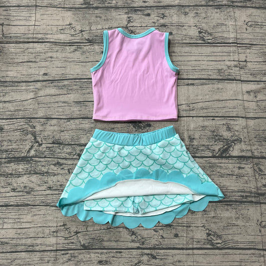 NO MOQ preorder GSD4083 Cartoon Pink Purple Wave Ruffle Sleeveless Top with Fish Scale Pattern Skirts for Girls Yoga Sets 202604