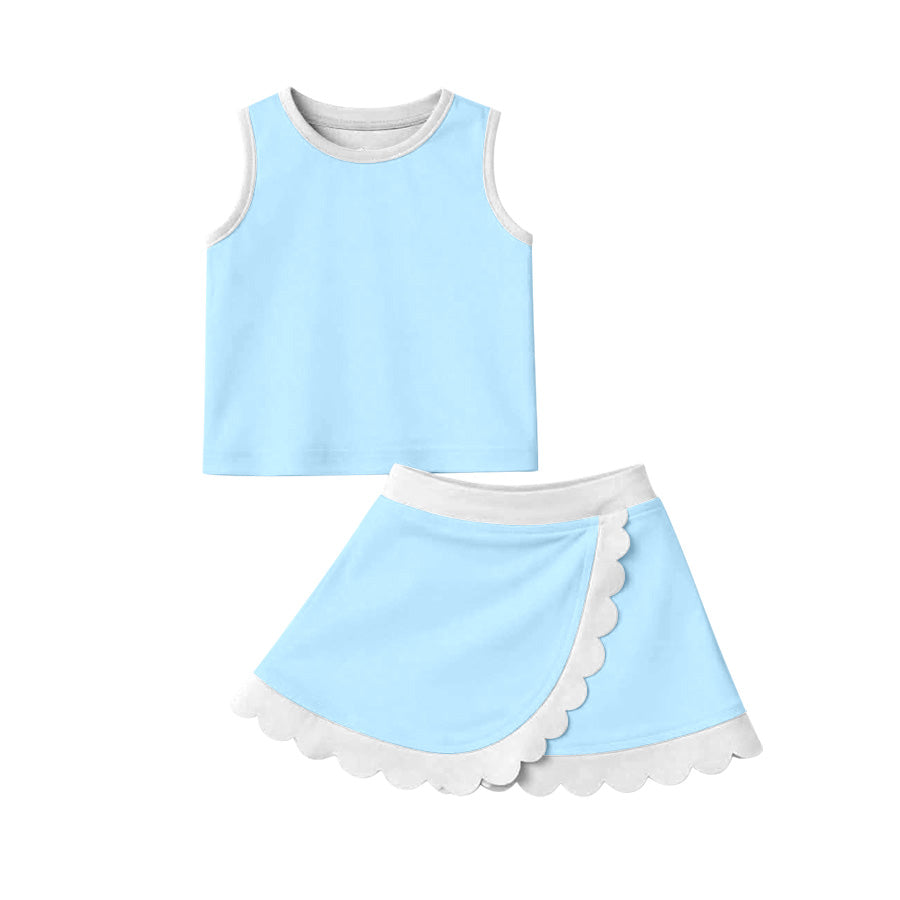 MOQ 5 PCS preorder GSD4084 Solid Light Gray Blue Wave Ruffle Sleeveless Top with Skirts for Girls Yoga Sets 202604