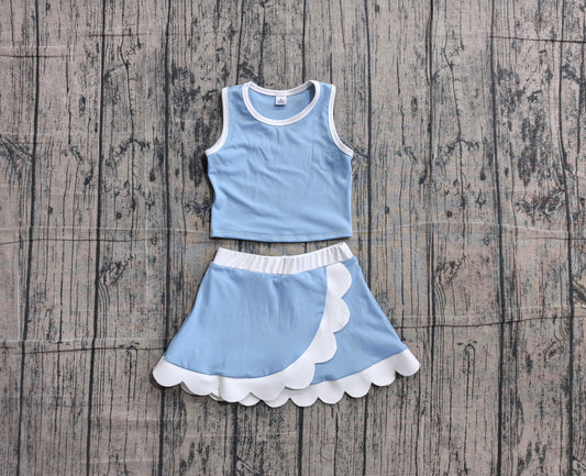 NO MOQ preorder GSD4084 Solid Light Gray Blue Wave Ruffle Sleeveless Top with Skirts for Girls Yoga Sets 202605