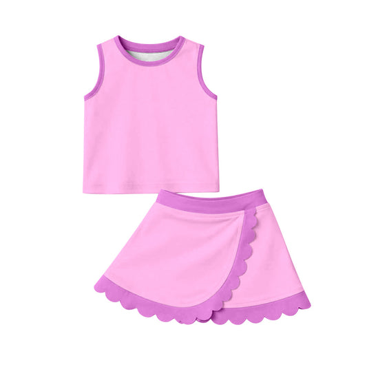 MOQ 5 PCS preorder GSD4085 Solid Dark Light Pink Purple Wave Ruffle Sleeveless Top with Skirts for Girls Yoga Sets 202604
