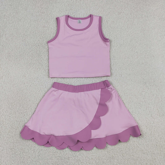GSD4085 Solid Dark Light Pink Purple Wave Ruffle Sleeveless Top with Skirts for Girls Yoga Sets 202605 RTS
