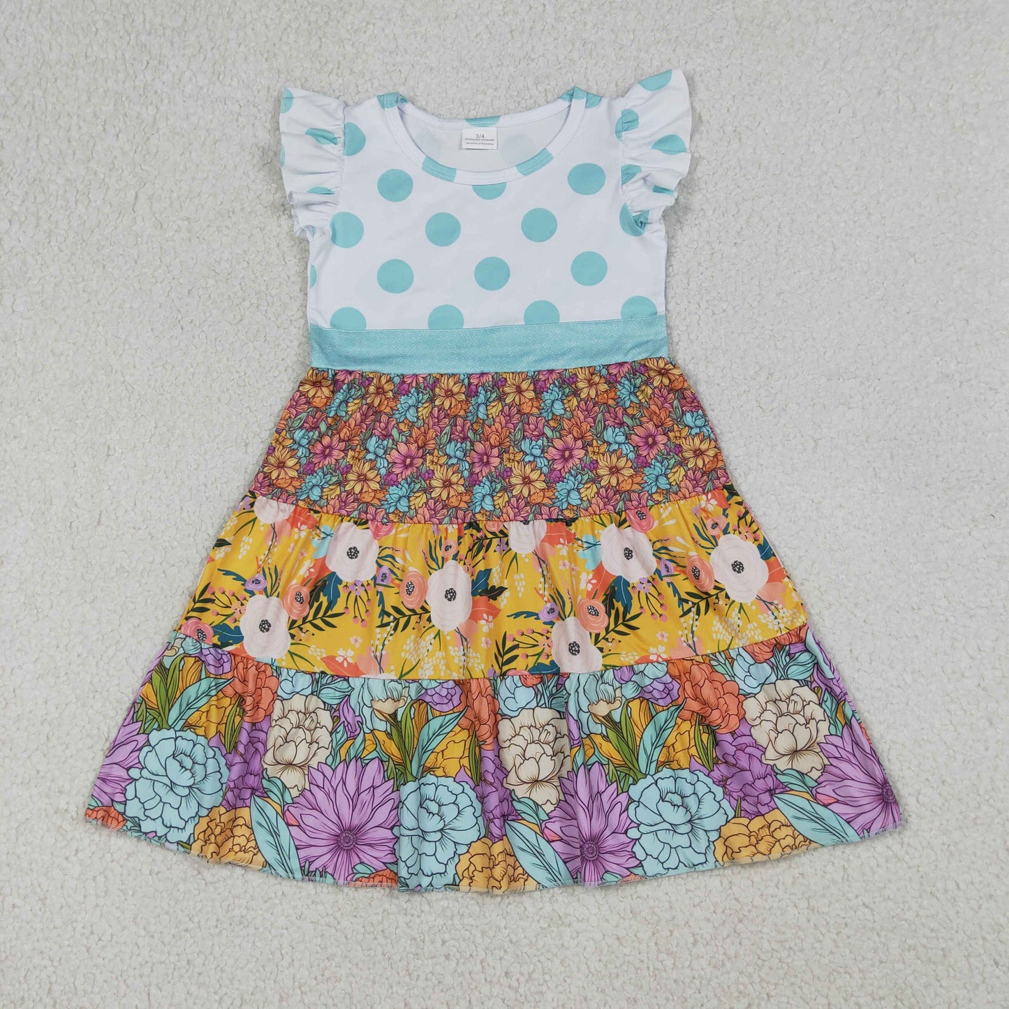 GSD4091 Blue Dots Flower Patchwork Fly Sleeve Dresses for Girls 202604 RTS