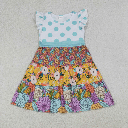 GSD4091 Blue Dots Flower Patchwork Fly Sleeve Dresses for Girls 202604 RTS