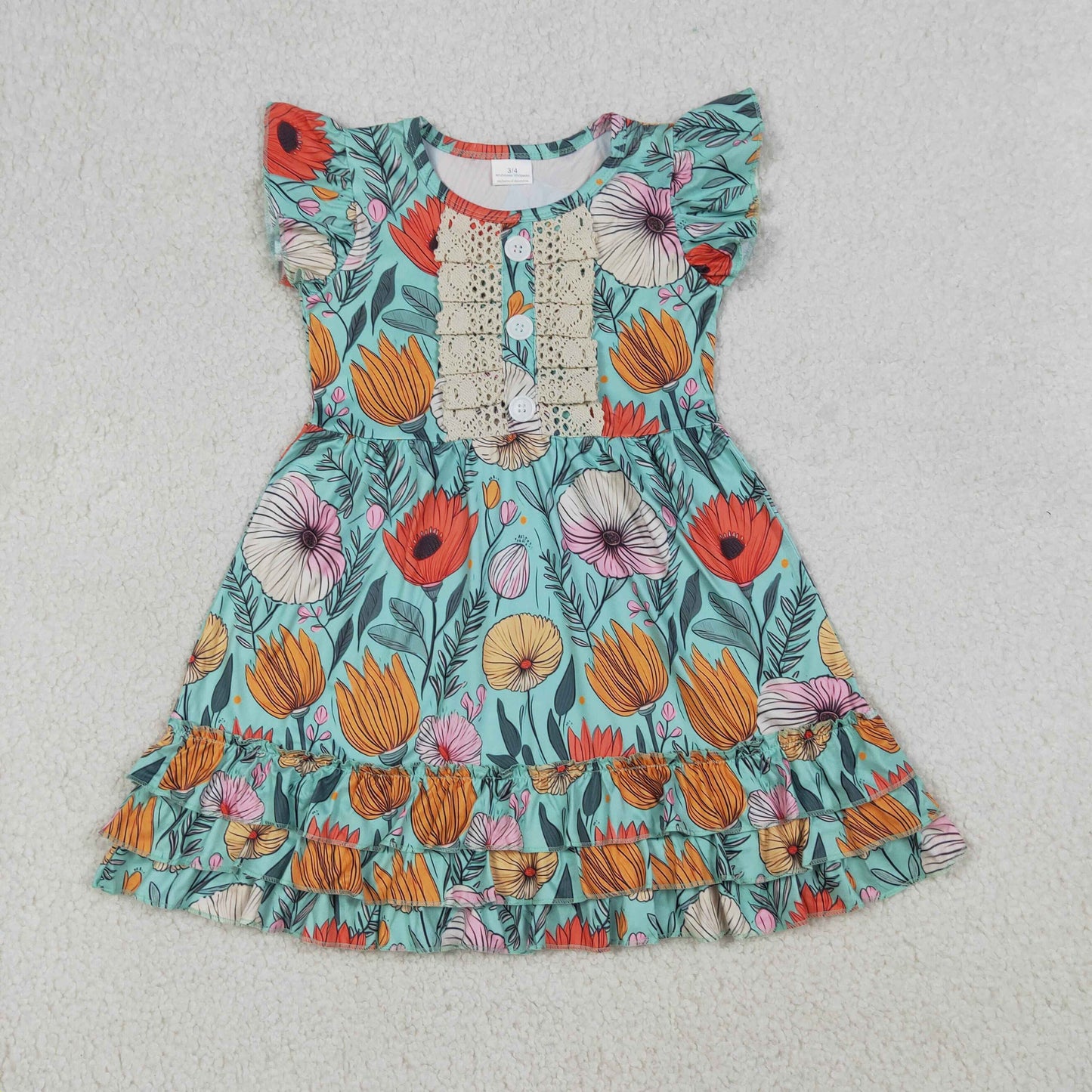 GSD4093 Flower Lace Ruffle Green Fly Sleeve Dresses for Girls 202604 RTS