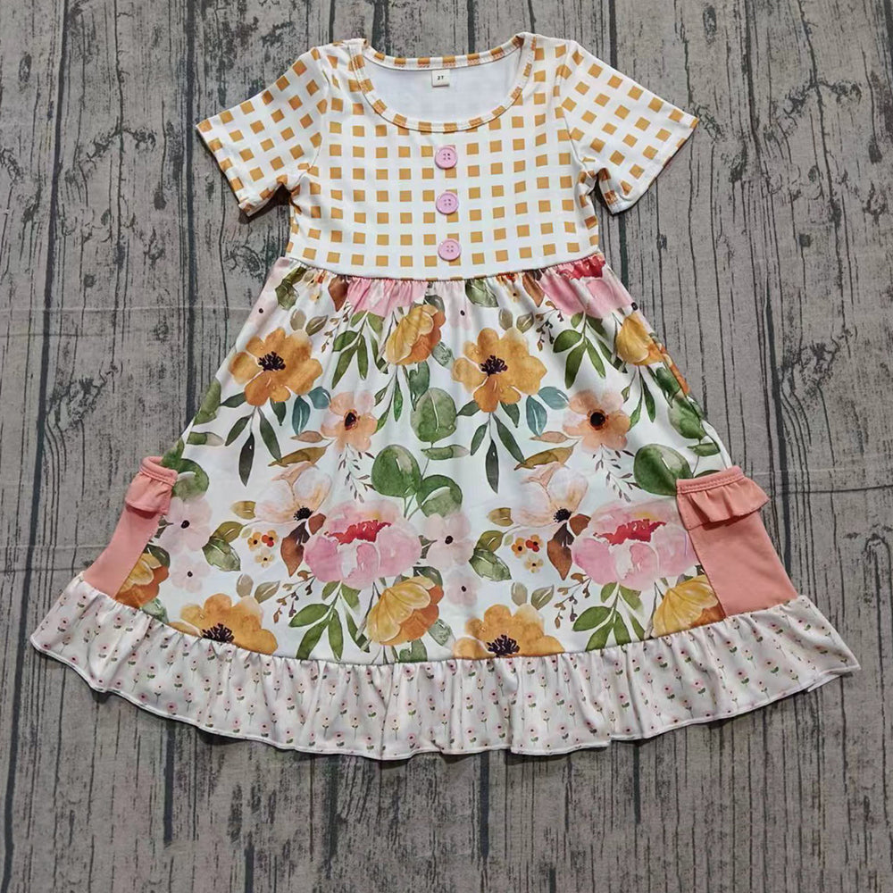 New MOQ 5 PCS Preorder GSD4095 Flower Plaid Ruffle Short Sleeve Dresses for Girls 202604