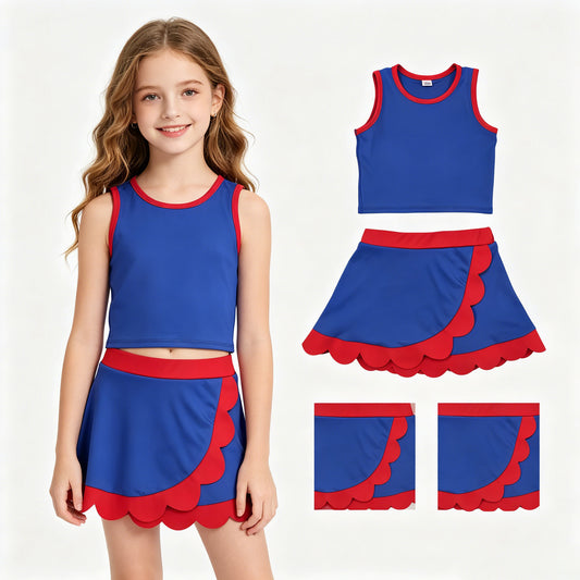 GSD4096 4th of July Solid Blue Red Wave Ruffle Sleeveless Top with Skirts for Girls Yoga Sets 202606 RTS