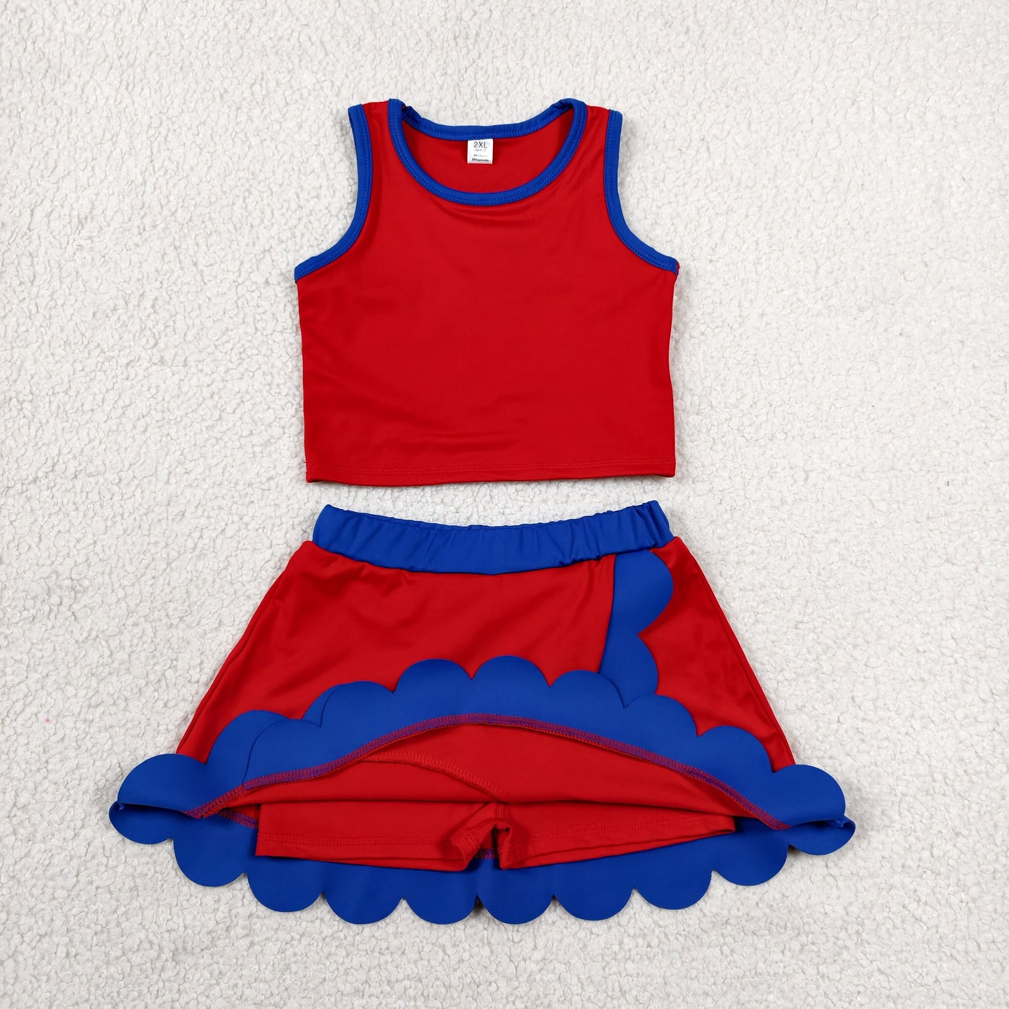 GSD4097 4th of July Solid Red Blue Wave Ruffle Sleeveless Top with Skirts for Girls Yoga Sets 202606 RTS