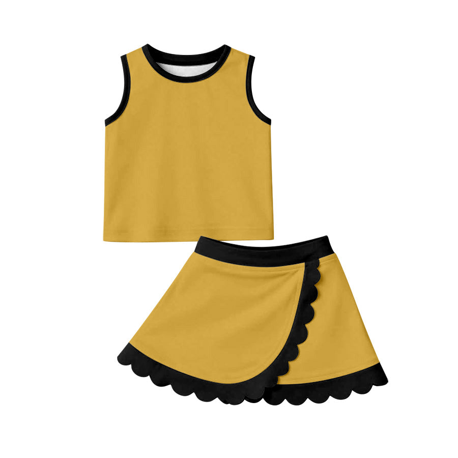 MOQ 30 PCS preorder GSD4099 Solid Golden Black Wave Ruffle Sleeveless Top with Skirts for Girls Yoga Sets 202604