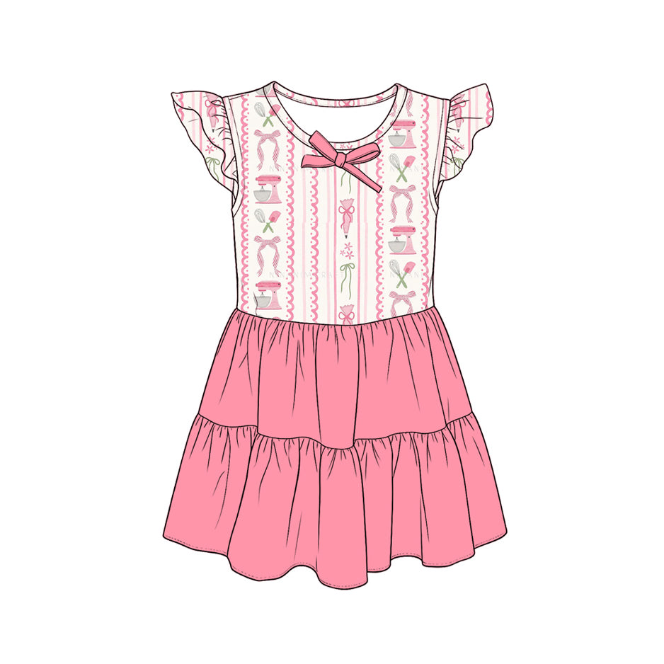MOQ 5 PCS Preorder GSD4103 Mixing Tool Wavy Stripe Pink Bows Fly Sleeve Dresses for Girls 202604