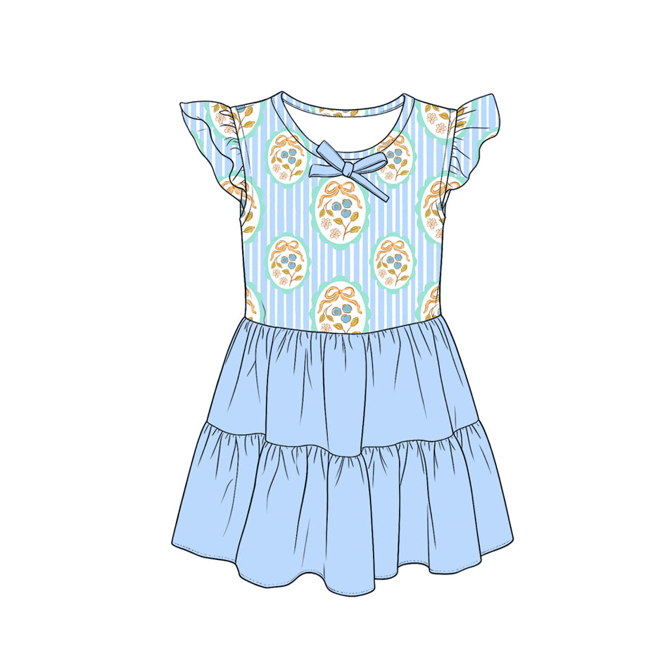 MOQ 5 PCS Preorder GSD4104 Flower Cherry Blue Stripe Bows Fly Sleeve Dresses for Girls 202604