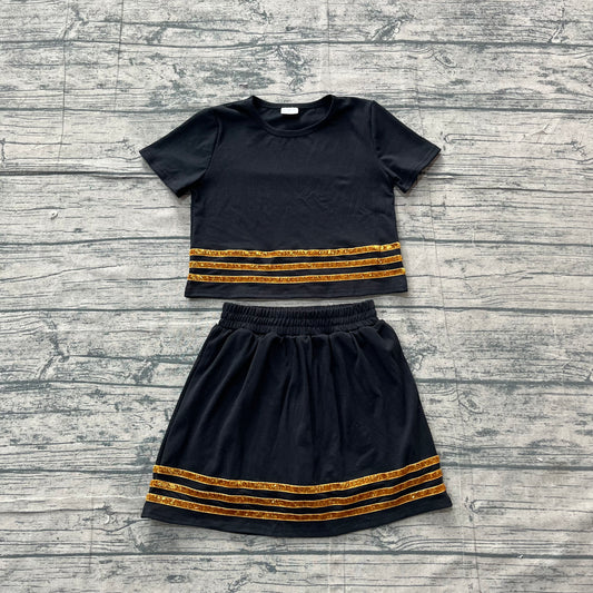 NO MOQ preorder GSD4108 Sequined Stripe Solid Black Short Sleeve Top with Skirts for Girls Sets 202605