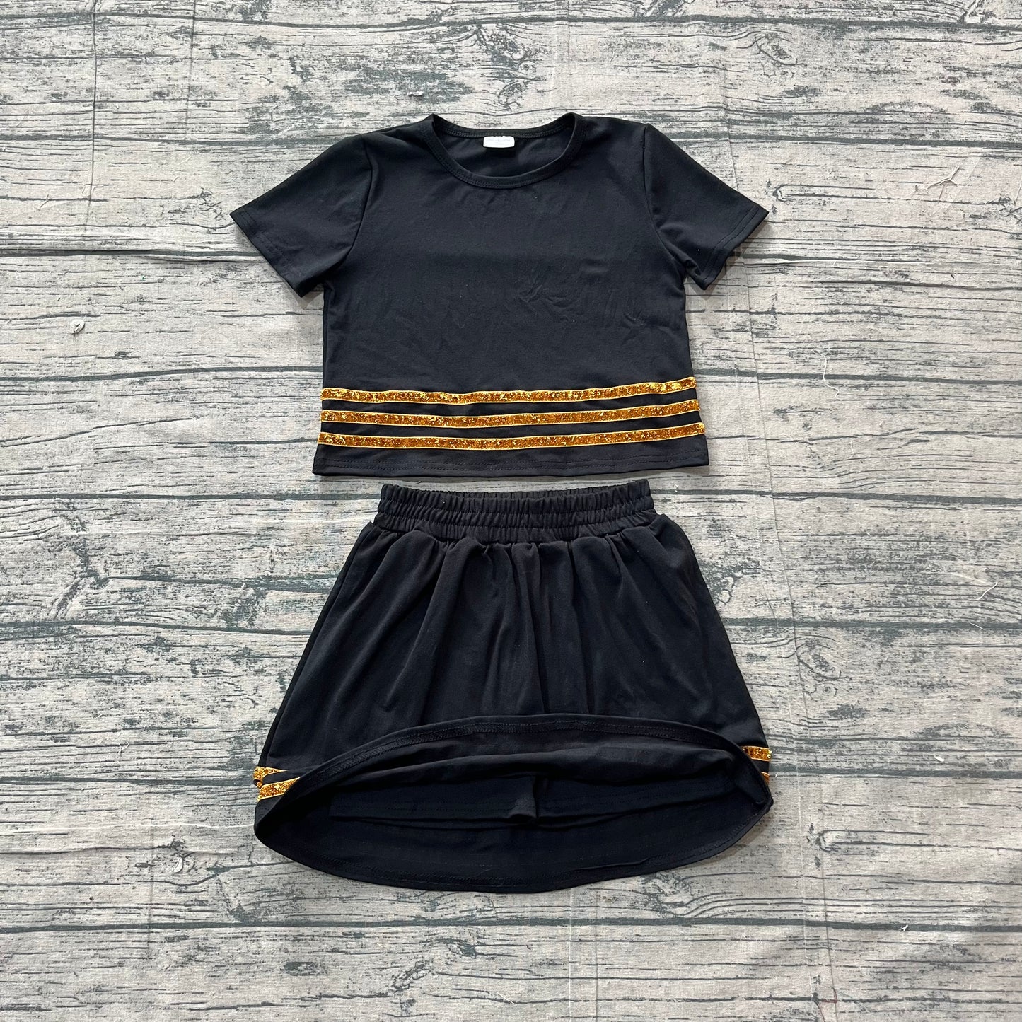 NO MOQ preorder GSD4108 Sequined Stripe Solid Black Short Sleeve Top with Skirts for Girls Sets 202605