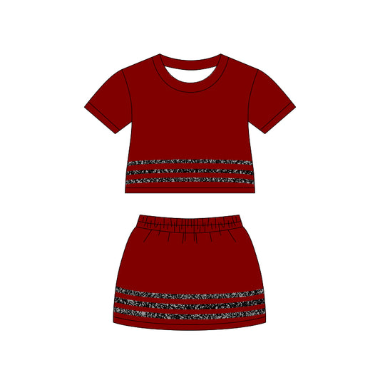 MOQ 5 PCS preorder GSD4109 Sequined Stripe Solid Red Short Sleeve Top with Skirts for Girls Sets 202604