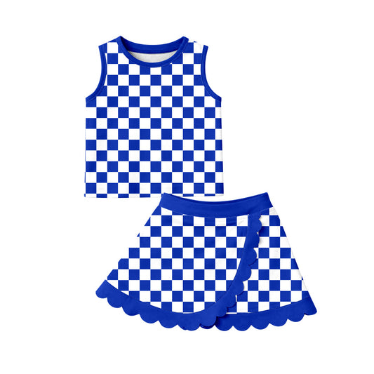 MOQ 30 PCS preorder GSD4110 Solid Blue Plaid Wave Ruffle Sleeveless Top with Skirts for Girls Yoga Sets 202604