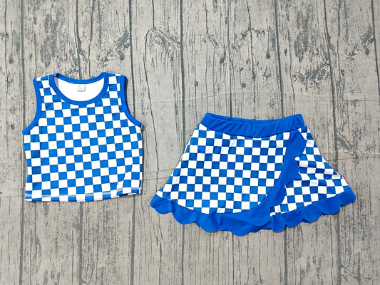 NO MOQ preorder GSD4110 Solid Blue Plaid Wave Ruffle Sleeveless Top with Skirts for Girls Yoga Sets 202606