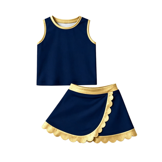 MOQ 30 PCS preorder GSD4111 Solid Navy Golden Wave Ruffle Sleeveless Top with Skirts for Girls Yoga Sets 202604