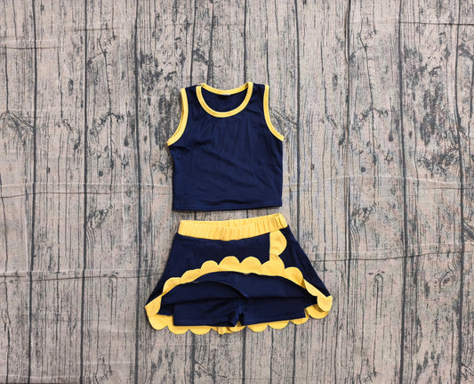 NO MOQ preorder GSD4111 Solid Navy Golden Wave Ruffle Sleeveless Top with Skirts for Girls Yoga Sets 202605