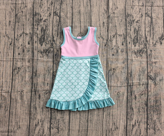 NO MOQ Preorder GSD4125 Cartoon Mint Green Fish Scale Pattern Ruffle Pink Sleeveless Yoga Dresses for Girls 202605