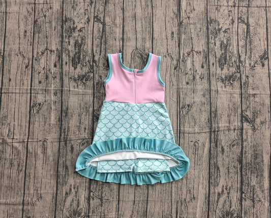NO MOQ Preorder GSD4125 Cartoon Mint Green Fish Scale Pattern Ruffle Pink Sleeveless Yoga Dresses for Girls 202605
