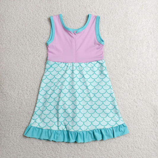 GSD4125 Cartoon Mint Green Fish Scale Pattern Ruffle Pink Sleeveless Yoga Dresses for Girls 202606 RTS