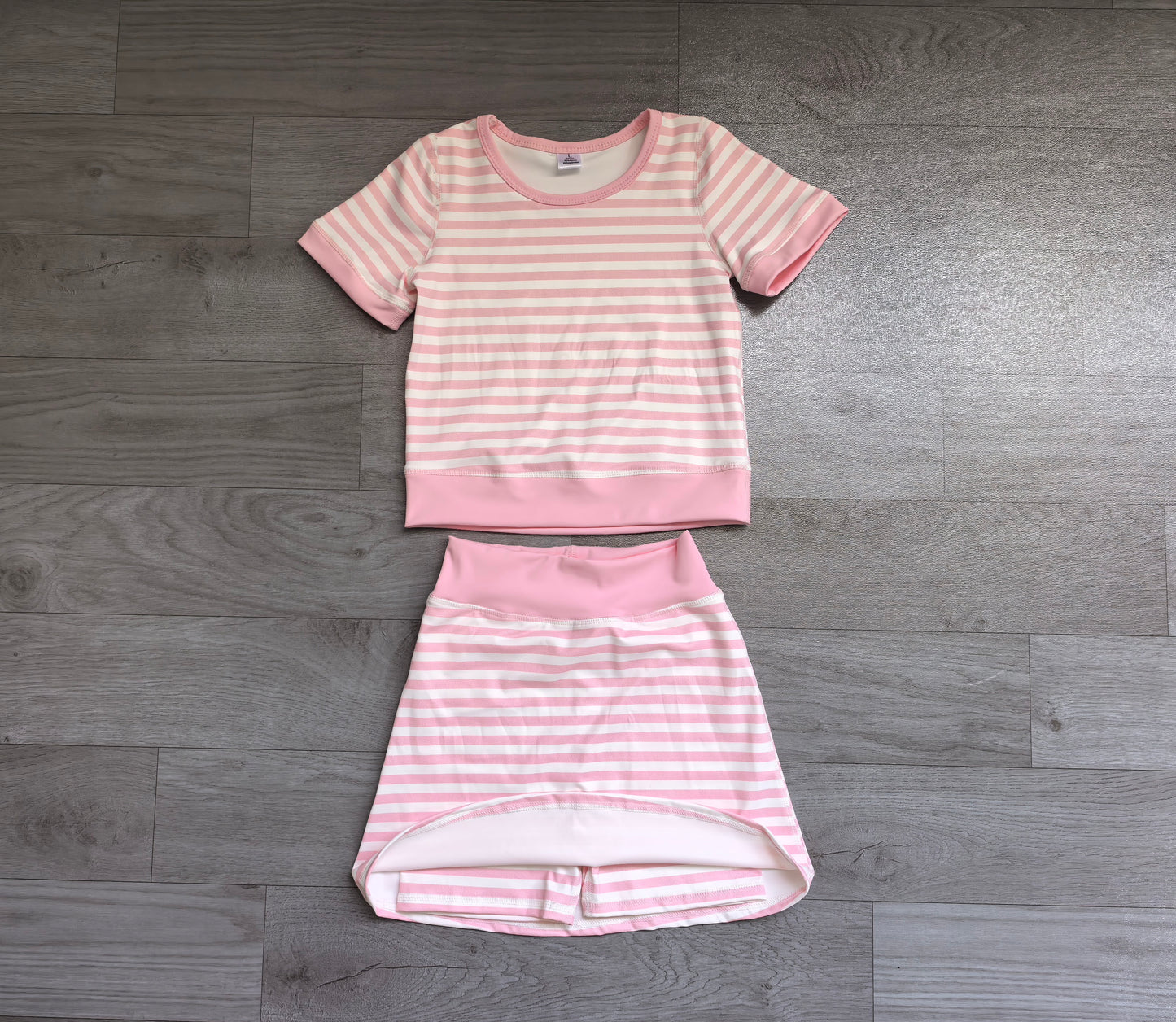 NO MOQ Preorder GSD4159 Pink Stripe Short Sleeve Skirts Yoga Girls Sets 202607